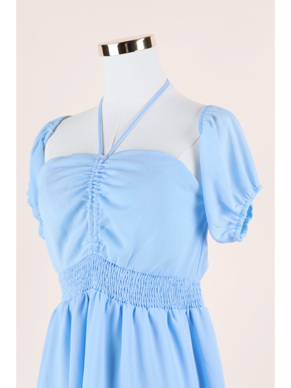 Sz L Promesa Powder Blue Breezy Halter Off-Shoulder Ruched Tiered Mini Dress NWT - Picture 2 of 5